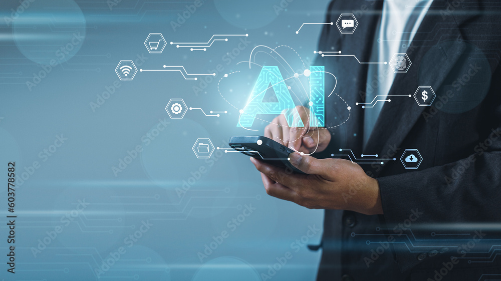 Fototapete Business man using digital chatbot application Artificial Intelligence (AI). Futuristic technology transformation by entering command prompt for artificial intelligence.