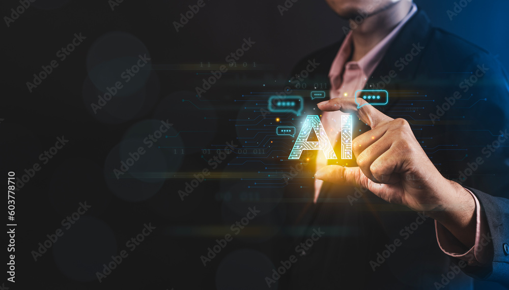 Fototapete Business man using digital chatbot application Artificial Intelligence (AI). Futuristic technology transformation by entering command prompt for artificial intelligence.