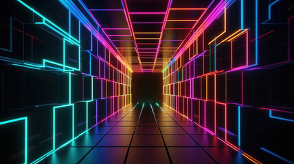 Abstract background with neon squares with Light Lines Moving Fast. Generative ai
