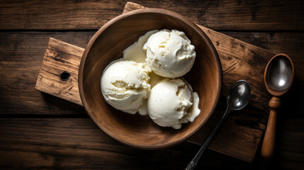 Vanilla Ice Cream in a Bowl on a Rustic Table