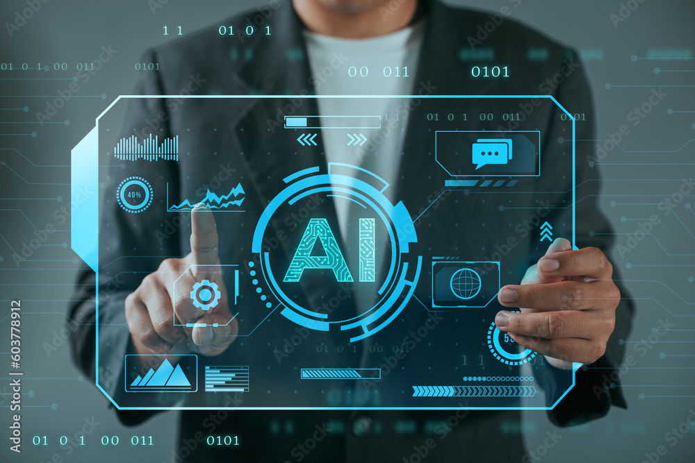 Fototapete Business man using Artificial Intelligence (AI) in the futuristic business and coding software development on interface network connection. Digital data technology design for computer brain.
