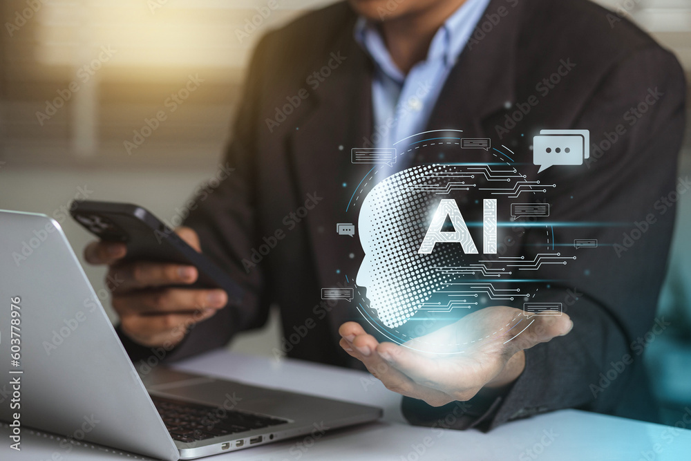 Fototapete Business man using digital chatbot application Artificial Intelligence (AI). Futuristic technology transformation by entering command prompt for artificial intelligence.
