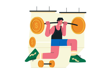 men lift up heavy money coins weight for strengthen economic and financial business Vector illustration design concept