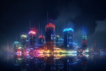 Illustration Of Colorful Lights On City Under Constriction Highest Buildings. Generative Ai 