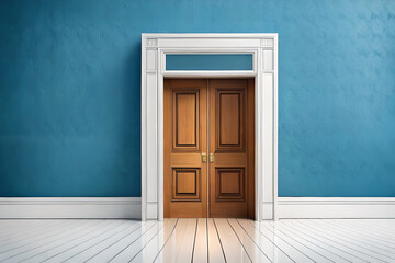 blue background with A door opening. Architectural design element. Modern minimal concept. Opportunity metaphor 