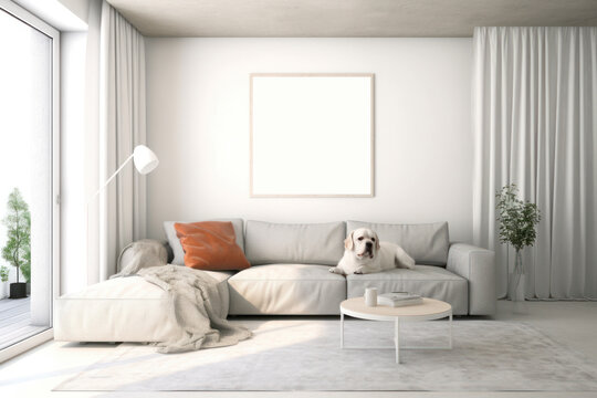 A cozy living room with a dog on the couch and a blank white picture frame on the wall, mockup (Generative AI, Generativ, KI)