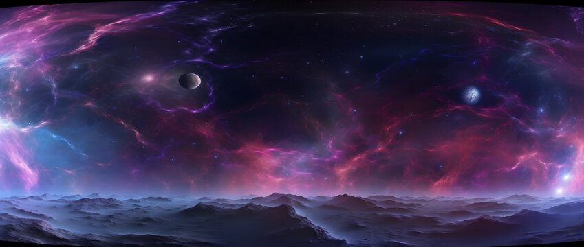 360 degree equirectangular projection space background with nebula and stars, environment map. HDRI spherical panorama
