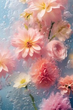 Colorful bouquet of flowers floating in a crystal clear water vase or under wet glass. Generated AI.