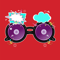 Glasses with a round black frame, stylized vinyl records instead of glasses and various comic elements. Red background. Vector illustration