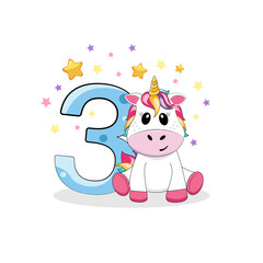 Obraz na płótnie Canvas Vector illustration. 3 birthday party invitation with cute unicorn. Happy birthday 3 year old
