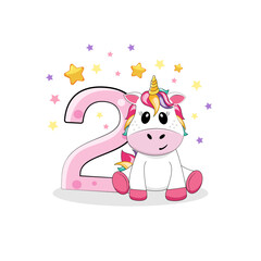  Vector illustration. Second birthday party invitation with cute unicorn. Happy birthday 2 year old