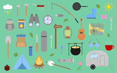 Camping set. Equipment for hiking, trekking, climbing. Flat accessories of tourism. Tools for travelling. Vector illustration