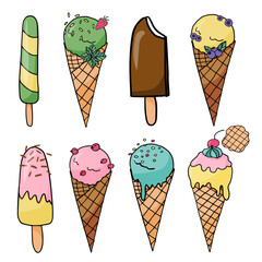 Cartoon set of delicious ice cream in doodle style. Ice cream waffle cones, ice cream bars on sticks and sundae desserts, topped with fresh strawberries, chocolate drops, mint, nuts and berries