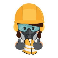 Construction woman industrial worker with his personal protective equipment, helmet, respirator mask, glasses, earmuffs, with a thumbs up. Industrial safety and occupational health at work