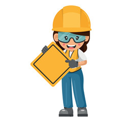 Construction women industrial worker with a warning sign with copy space for text. Industrial safety and occupational health at work