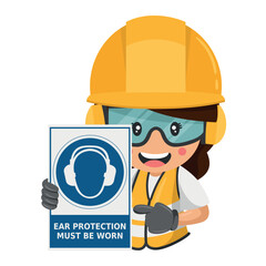 Industrial woman construction worker with mandatory use of earmuffs warning sign. Ear protection must be worn. Industrial safety and occupational health at work