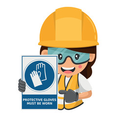 Industrial woman construction worker with mandatory use of gloves warning sign. Protective gloves must be worn. Industrial safety and occupational health at work