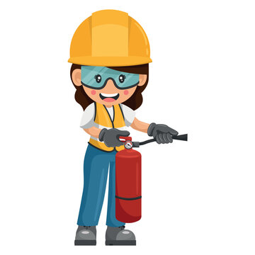 Industrial woman worker using a fire extinguisher with her personal protective equipment. Industrial safety and occupational health at work