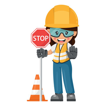 Industrial woman construction worker with a stop warning sign and safety cone. Worker with his personal protective equipment. Industrial safety and occupational health at work