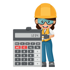 Industrial woman worker with giant calculator for financial analysis, accounting and budget calculation of a construction site. Industrial safety and occupational health at work