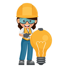Industrial woman worker with giant light bulb. Creative concept for the generation of ideas. Industrial safety and occupational health at work