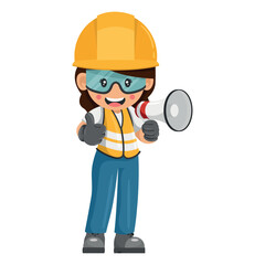 Industrial woman worker with thumb up making an announcement with a megaphone. Construction supervising engineer with personal protective equipment. Industrial safety and occupational health at work
