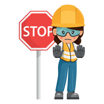 Upset industrial woman worker holding stop sign. Worker with his personal protective equipment. Industrial safety and occupational health at work