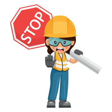 Annoyed industrial woman worker carrying stop sign. Construction worker with his personal protective equipment. Industrial safety and occupational health at work