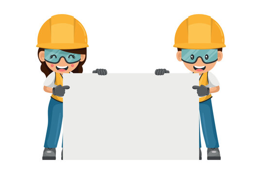 Industrial workers in their personal protective equipment holding a banner with copy space for text for advertising, presentation, brochures. Industrial safety and occupational health at work