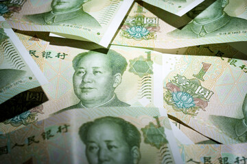 Close-up of a group of 1-yuan banknotes
