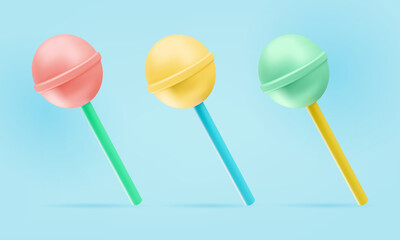Three lollipops of different colors on a blue background. 3d vector.