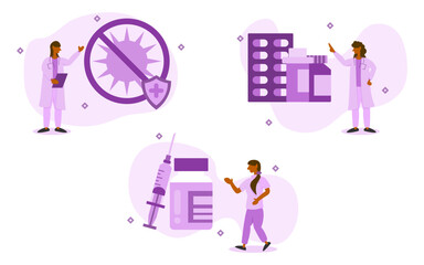 antiviral vaccine illustration set. doctor study virus resistance and invent vaccines and drugs to fight viruses. viral treatment concept. vector illustration.