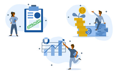 business project illustration set. characters have been approved to do project. project has continued to grow and made a lot of profit. project work cycle concept. vector illustration.