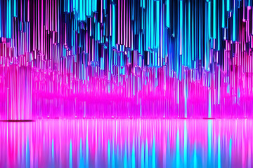 abstract neon background with pink and blue neon lines and reflection on the floor