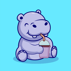 Cute hippo drinking cartoon vector icon illustration animal drink icon concept isolated premium
