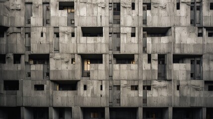 AI generated 2D facade of geometric grey Brutalist Architecture building 