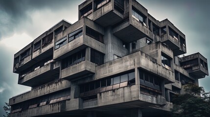 Obraz premium Dilapidated old Brutalist Concrete Architecture building using generative AI