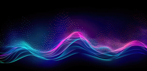 Abstract shiny wave background in purple, pink and blue lights. Digital luxury sparkling wave particles, background streams, digital data flow movement. Technological background. Generative AI