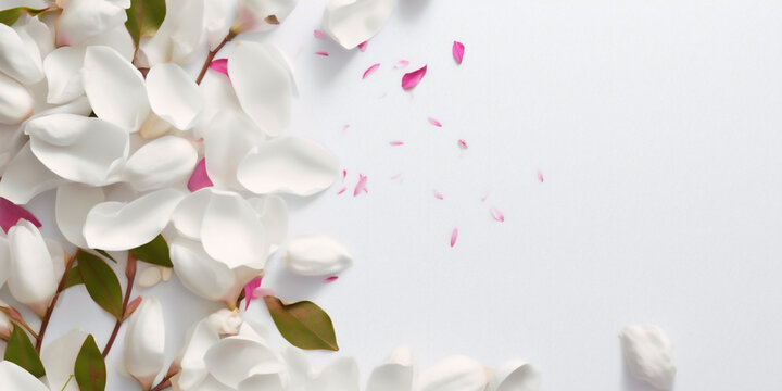 Blank white card in the center, surrounded by magnolia petals, white background top view, AI Generated