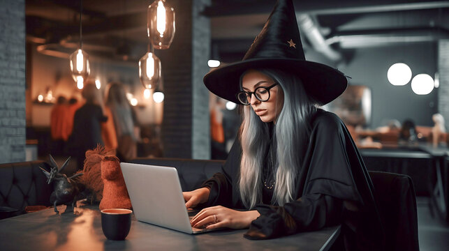 Young halloween witch working on a laptop computer, witch job, ai generated