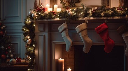 mantel adorned with holiday decorations, including stockings, garland, and festive lights - obrazy, fototapety, plakaty