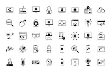 Cyber crime and security icon set over white background, half line style, vector illustration
