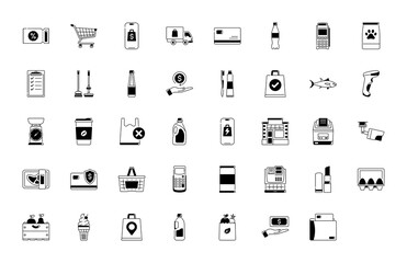 Fototapeta na wymiar Grocery icons. Images of the departments of the grocery store, sales, geo delivery, consumer basket, dairy and meat products, bread, vegetables, fruits