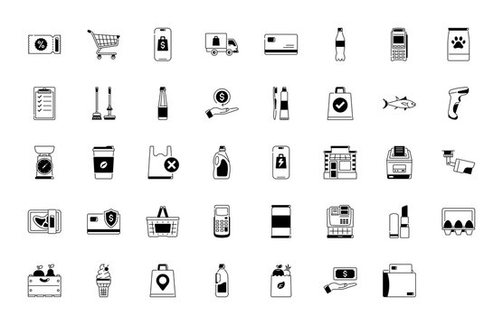 Grocery icons. Images of the departments of the grocery store, sales, geo delivery, consumer basket, dairy and meat products, bread, vegetables, fruits