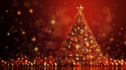 Fototapeta na wymiar golden and silver lights with christmas tree on red background,bright decoration for merry xmas message.Elegant holiday season social post digital card.Copy type space for text or logo generative ai 