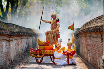 Khon or traditional Thai classic masked from the Ramakien as character of red giant stand and dance...