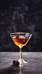 product shot of Manhattan cocktail  over a dark marble background created with Generative AI technology