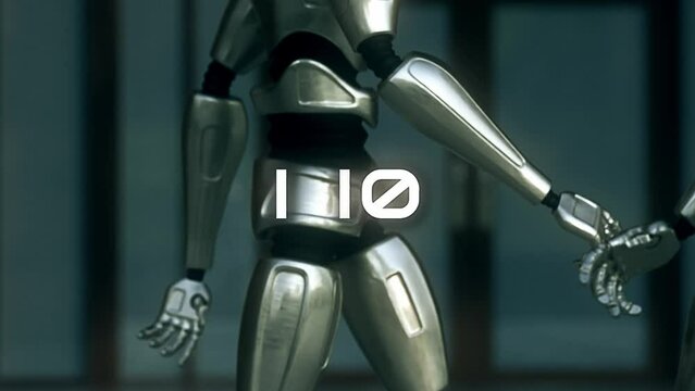IPO type animation background set against the backdrop of a bustling abstract metropolis futuristic robot society.  
