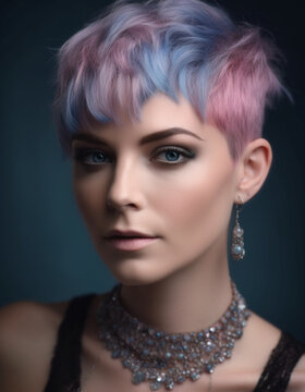 Bella donna con taglio di capelli corto colore rosa e viola