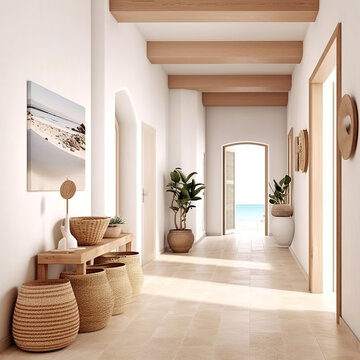 Coastal interior design of modern entrance hall with louvered door and stone tiled floor. Created with generative AI